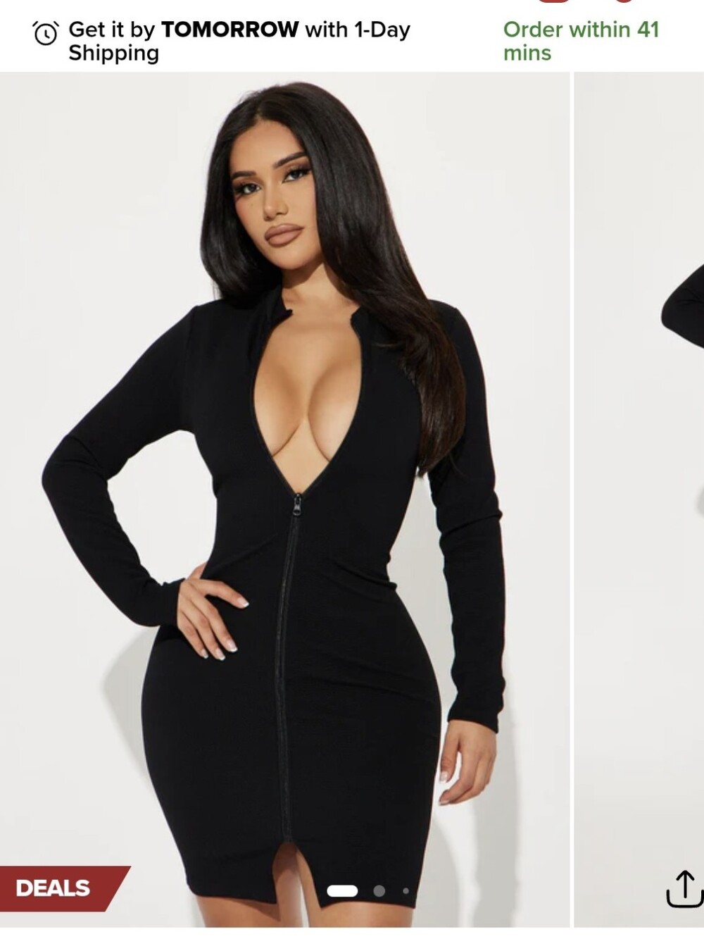 Zip-Up Black Mini Dress with Deep V Neck